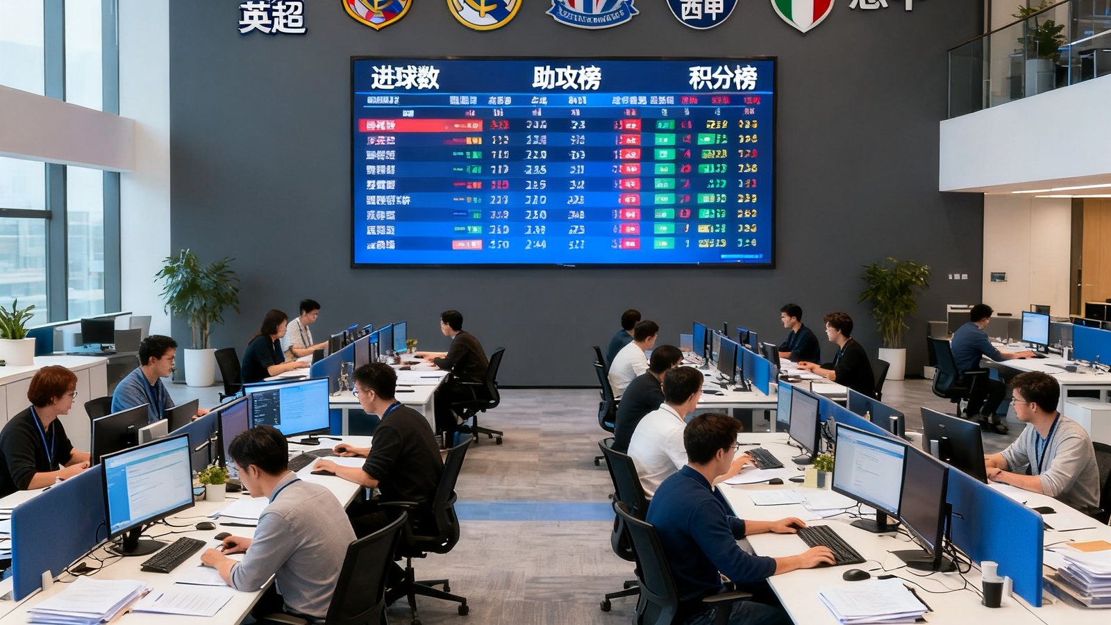 懂球圈公司办公场景，数十位数据分析师和编辑在宽敞的开放式办公室中协作，墙上悬挂着各大联赛的标志和实时数据大屏