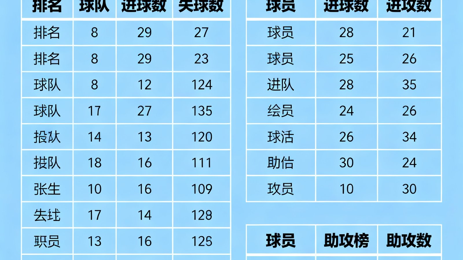 赛季积分榜界面，并列展示英超联赛各队排名、进球数、失球数以及球员射手榜和助攻榜的数据排行情况