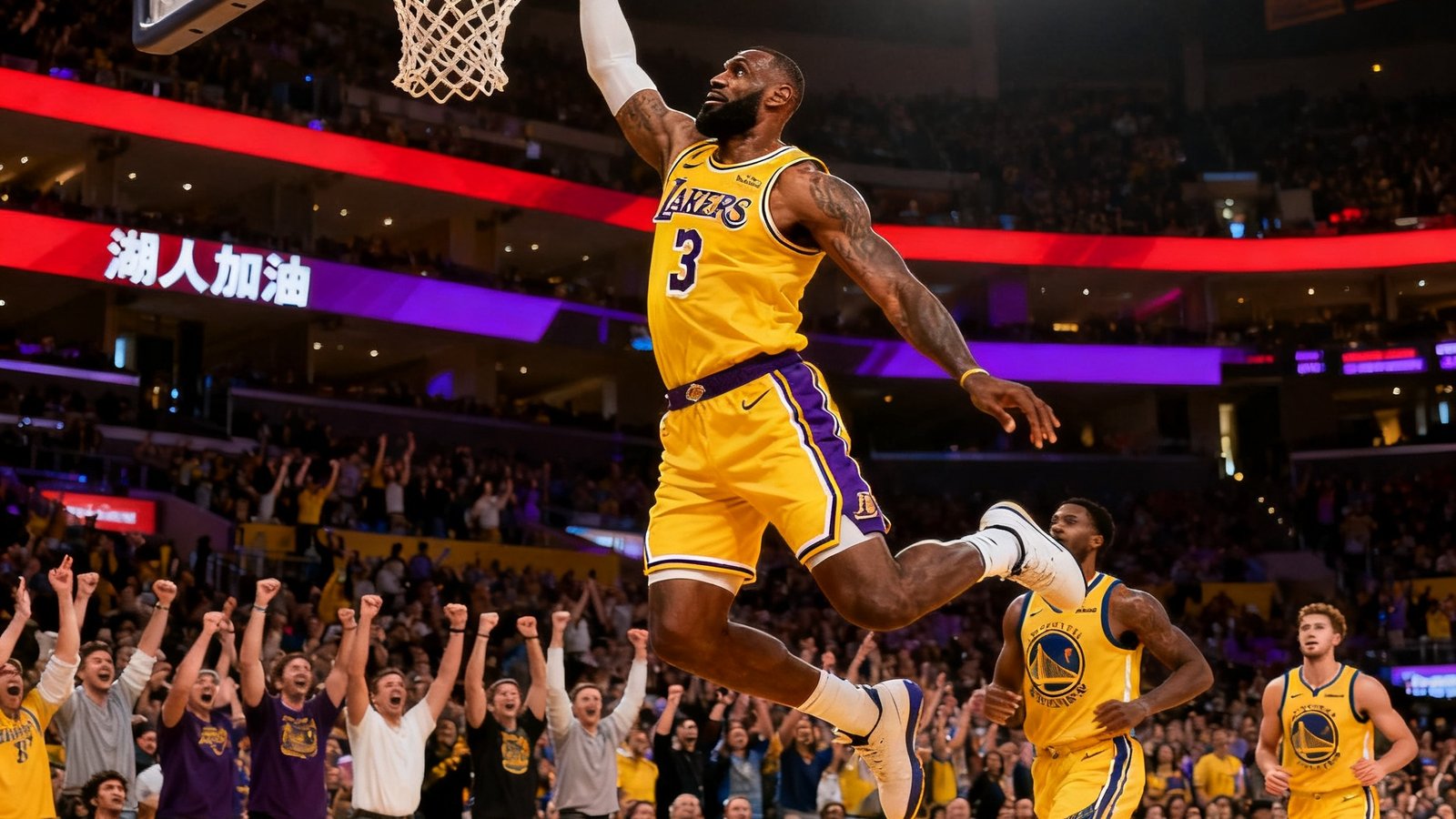NBA常规赛湖人对阵勇士的精彩瞬间，詹姆斯在快攻中完成单手劈扣，全场观众起立欢呼