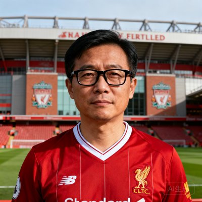 一位35岁左右的男性球迷头像，戴着黑框眼镜，身穿利物浦红色球衣，背景是安菲尔德球场