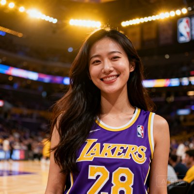 一位28岁的女性球迷，身穿洛杉矶湖人队紫色球衣，长发披肩，面带微笑，背景为NBA赛场灯光